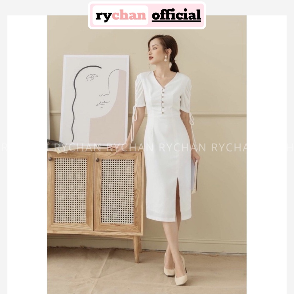 Đầm Dự Tiệc Cổ V Nút Trước Tay Ngắn Nơ Xẻ Tà Cực Sang Trọng Màu Đỏ Trắng [ẢNH THẬT CUỐI] - DX9811