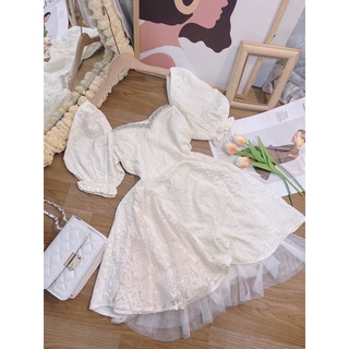 Đầm Nữ Trắng Kem Cổ Viền Ngọc Phối Lưới Tầng Dự Tiệc Đi Chơi Nữ Tính Tiểu Thư