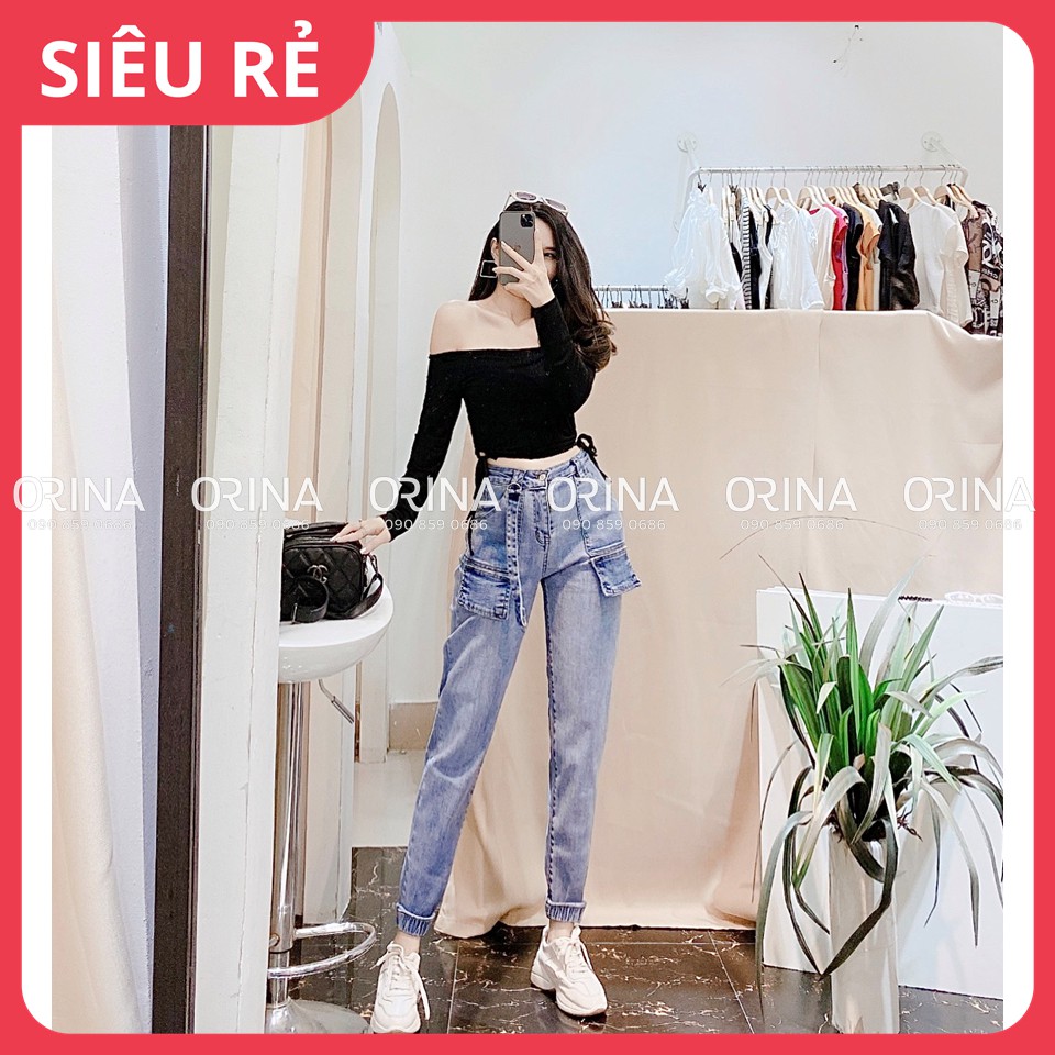 Set áo trễ vai rút 2 bên sườn kèm quần jean boy túi hộp chun gấu Orina - Hàng loại 1, chất đẹp - 100% ảnh Orina Tự Chụp