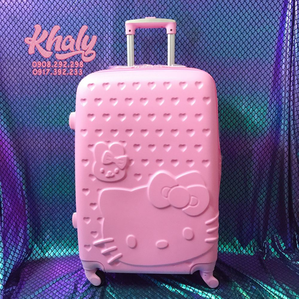 Vali kéo du lịch trẻ em 24'' hình mèo Hello Kitty tim nổi bằng nhựa cao cấp màu hồng nhạt (dính lỗi nhẹ SALE MẠNH)