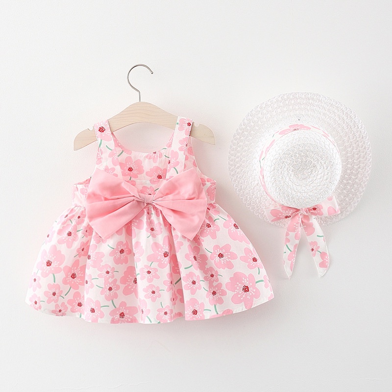 Set Đầm Cotton Thắt Nơ + Mũ Họa Tiết Hoa Đào + Băng Đô Mới Mùa Xuân Hè Cho Bé Gái