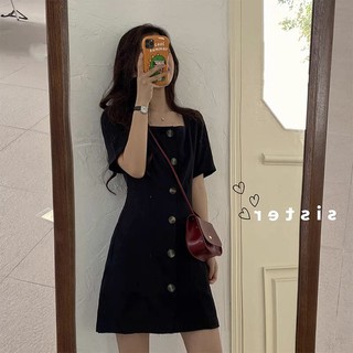 Váy đen cổ vuông nữ tính/đầm dự tiệc