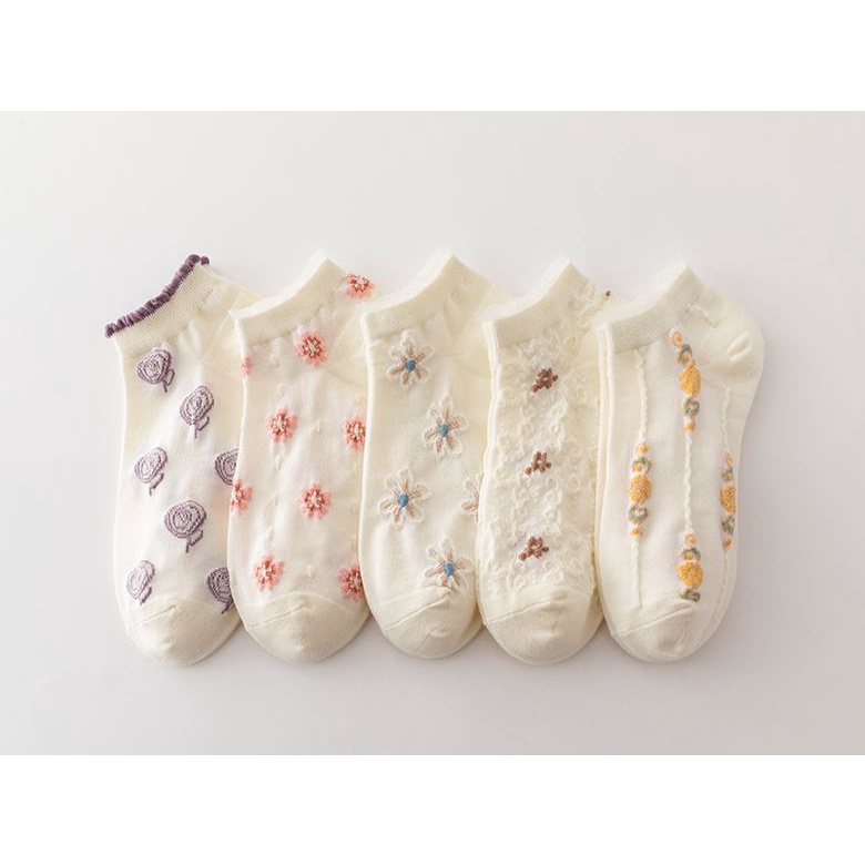 Set 5 Đôi Tất Vớ Nữ Ngắn Cổ Mix Hoa S1 Như Ảnh