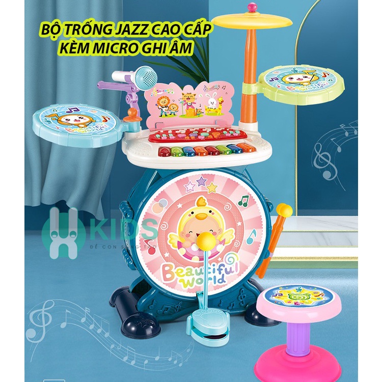 Bộ đồ chơi trống Jazz Drum kết hợp bàn nhạc cụ nhiều chế độ có sẵn micro ghi âm cho bé (kèm ghế ngồi)