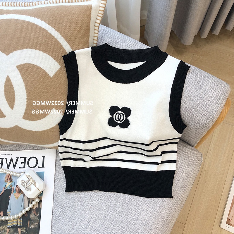 622201#Áo Dệt Kim Mỏng Màu Trắng Họa Tiết Kẻ Sọc Màu Tương Phản Thời Trang Mùa Hè Cho Nữ