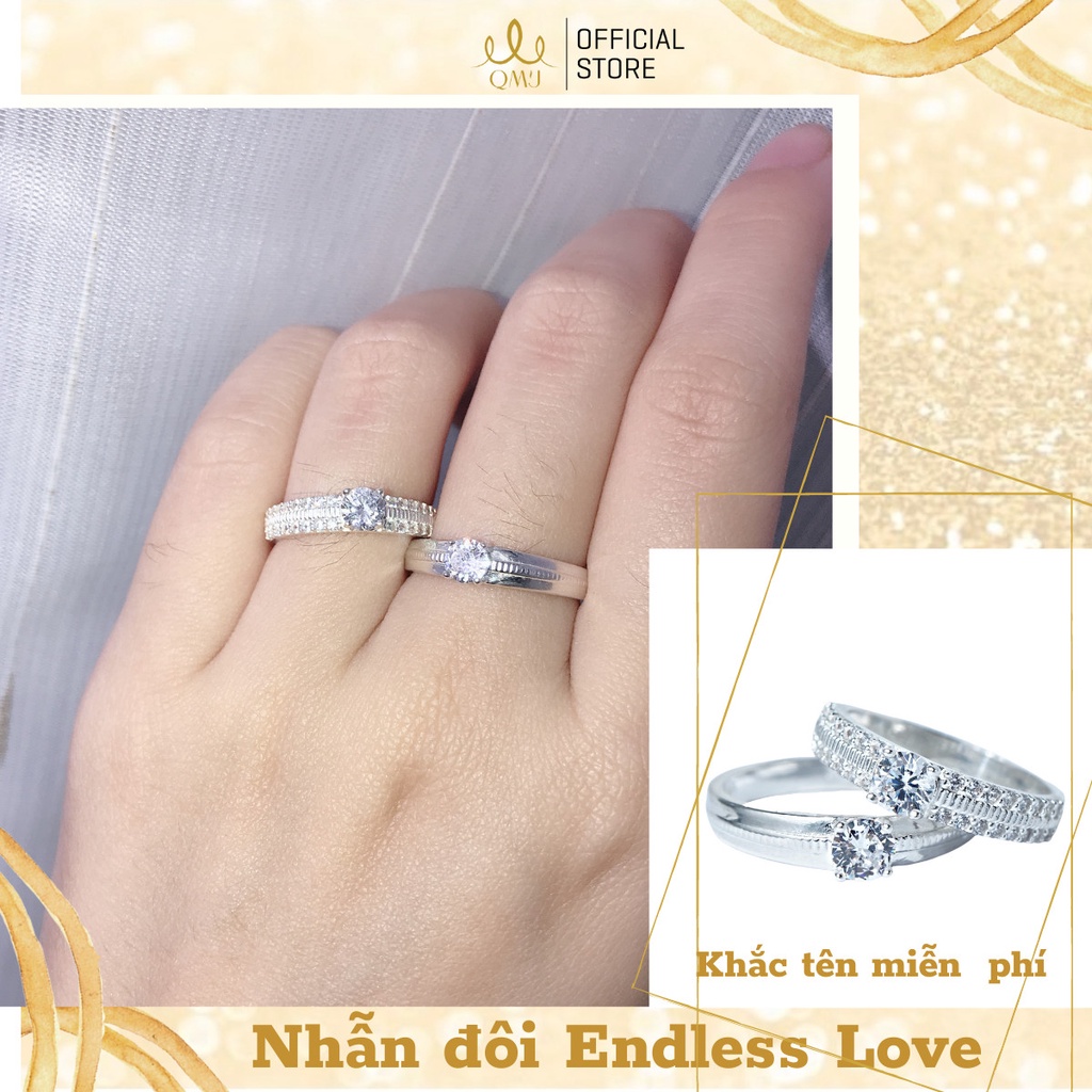 QMJ Nhẫn cặp đôi Tình Yêu Vĩnh Cửu bạc 925 đính đá CZ, khắc chữ lazer miễn phí - Q5398