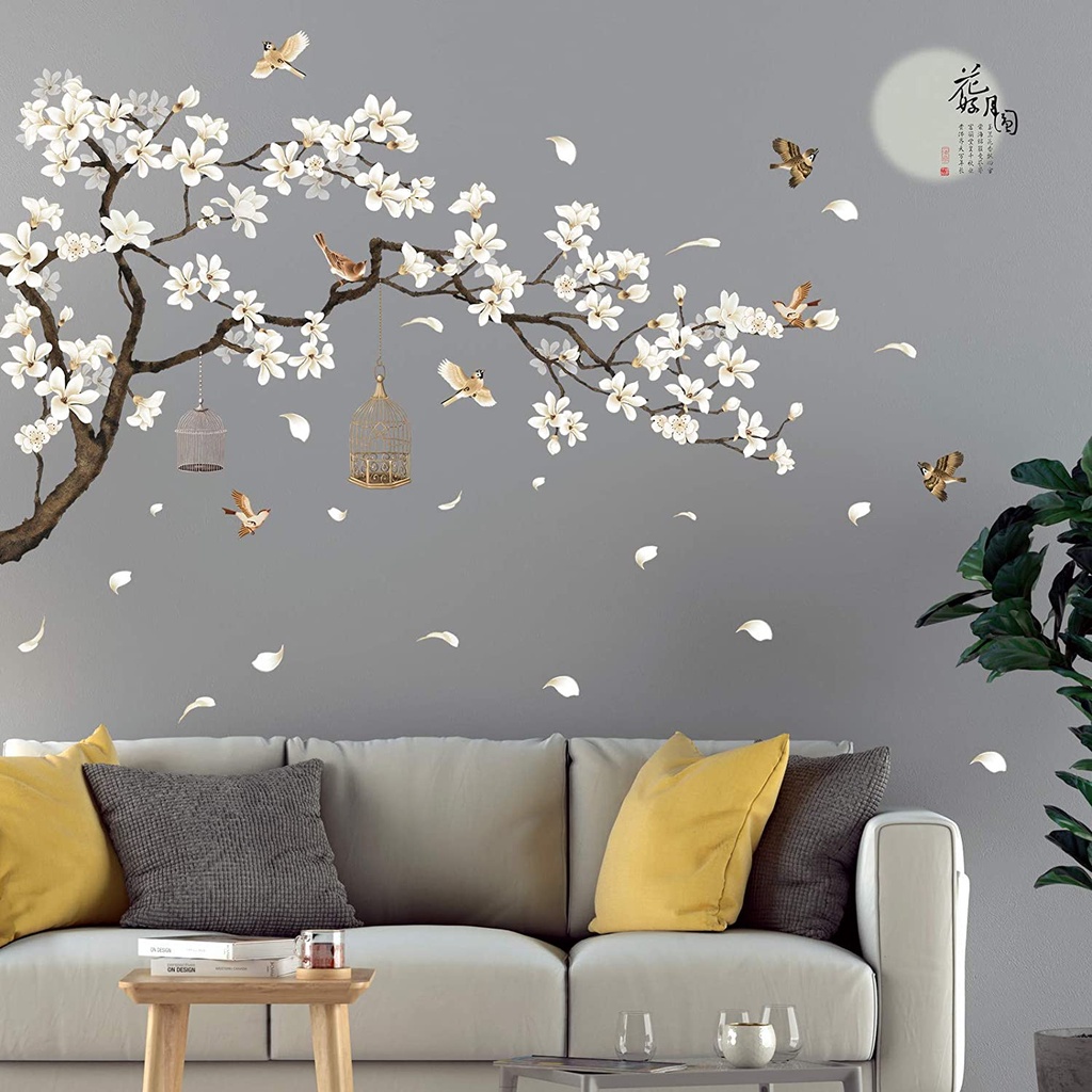 Miếng dán tường tự dính họa tiết hoa và mặt trăng phong cách Trung Hoa d dùng trang trí phòng khách