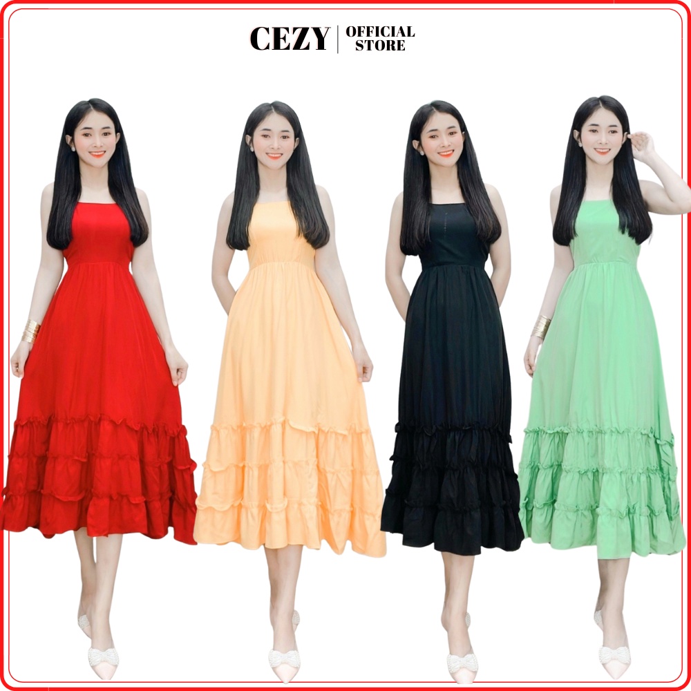 Đầm maxi 2 dây đi biển đẹp tầng bèo dây thắt nơ eo có size bigsize CEZY D58