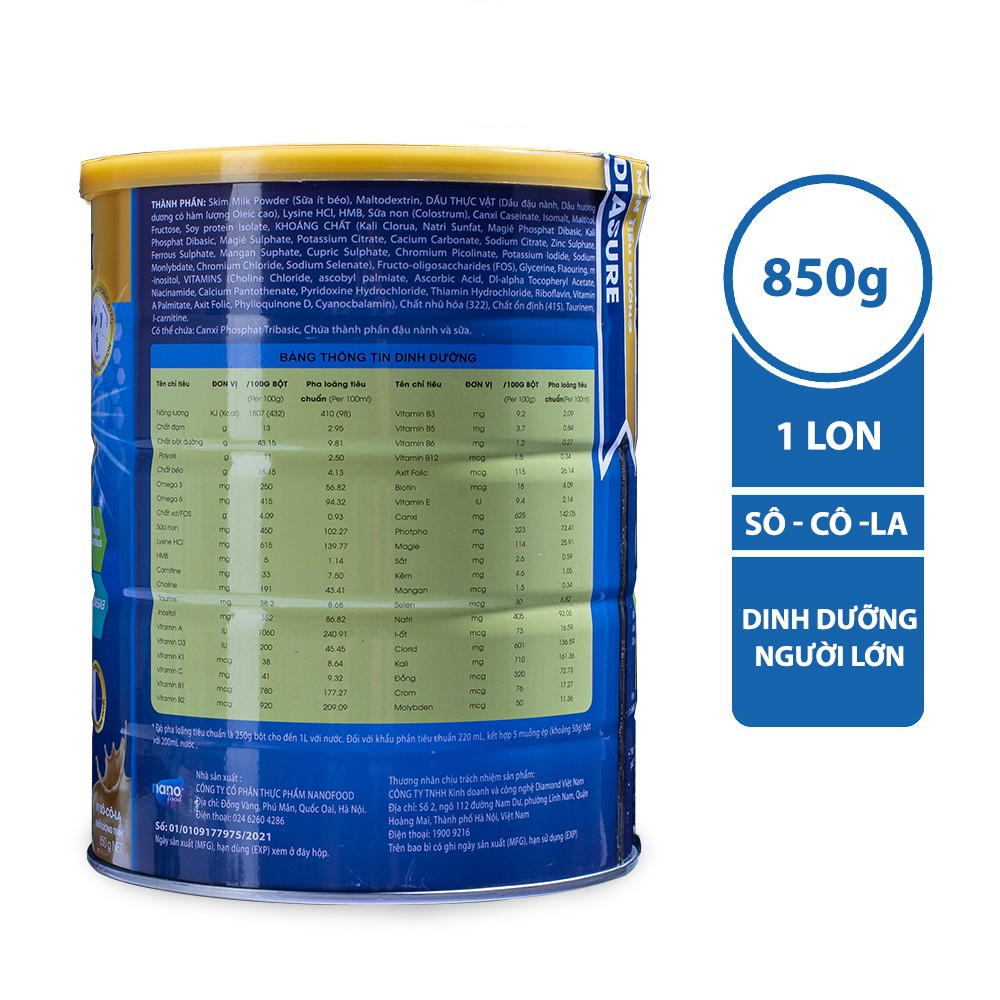 Sữa non DiaSure chính hãng lon 850g hương Socola - Cung cấp dinh dưỡng toàn diện cho người bị tiểu đường