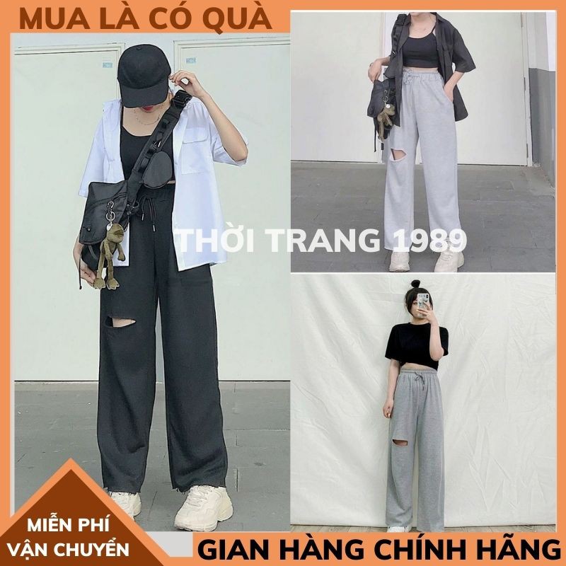Quần nỉ ống rộng rách gối phải quần nỉ bom UNISEX ,phong cách trẻ trung năng động ,ULZZANG THỜI TRANG 1989