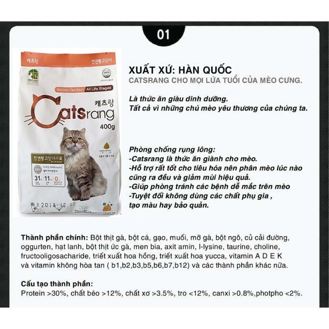 3 Gói THỨC ĂN HẠT CHO MÈO Catsrang Túi 400g Nhập khẩu Hàn Quốc Tiện lợi Giúp bổ sung dinh dưỡng - Pet shop Uytinpro
