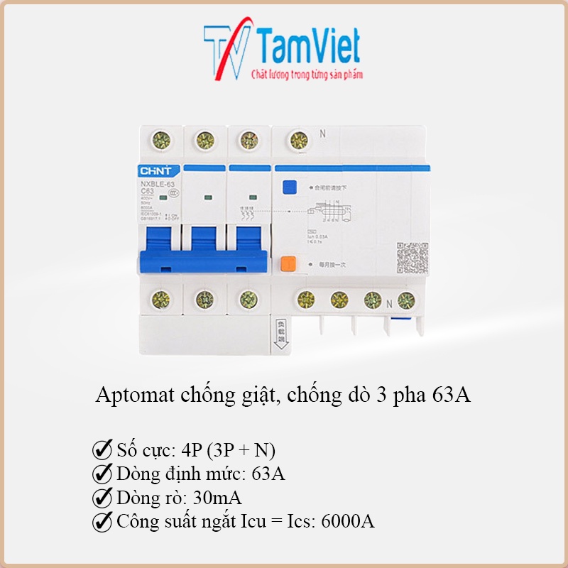Aptomat Chint 63A 3 pha chống rò, chống giật NXBLE 63A