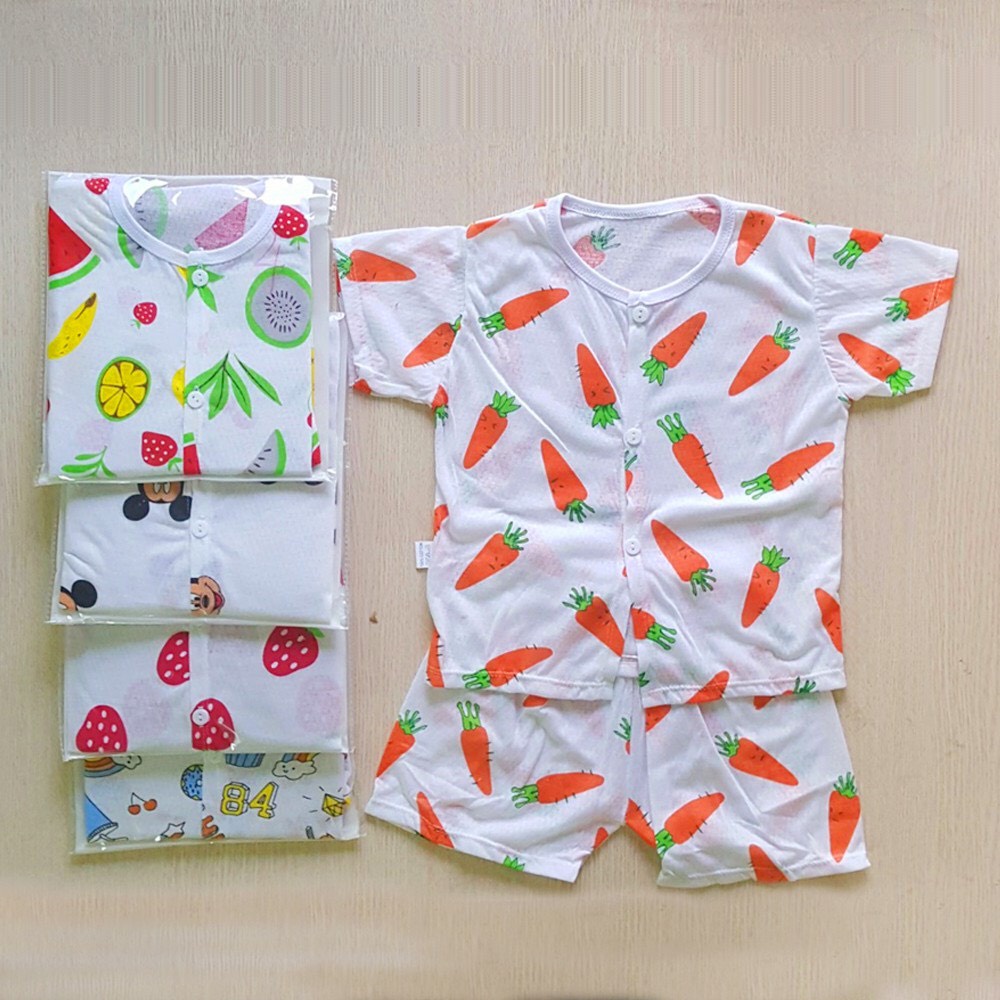 Bộ cotton giấy cộc cúc giữa in hình dễ thương cho bé 0-15kg