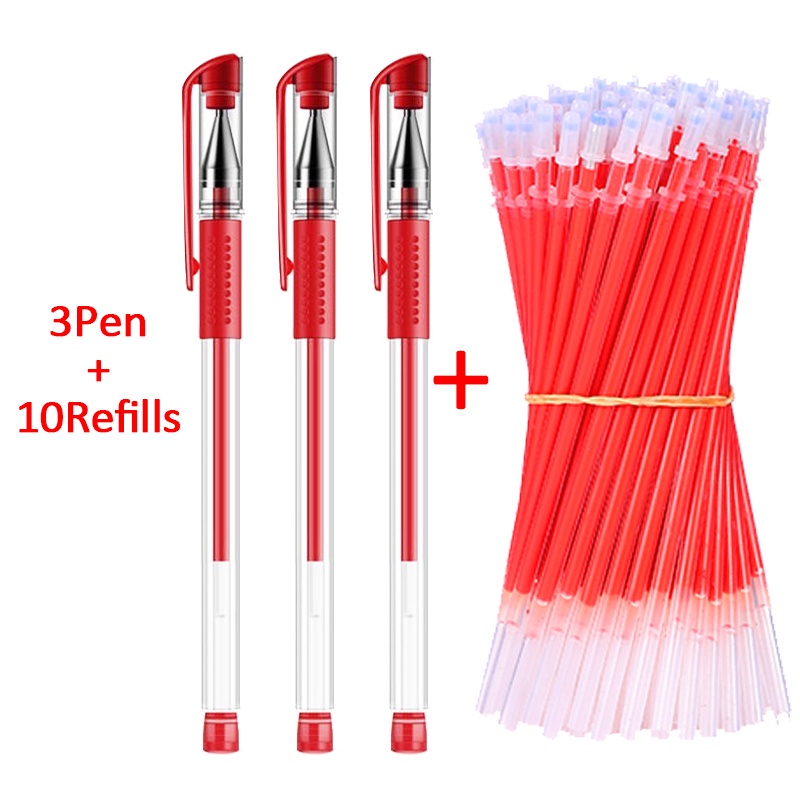 Set 3 Bút Bi + 10 Ruột Bút Bi Thay Thế Ngòi 0.5mm Màu Đỏ Đen