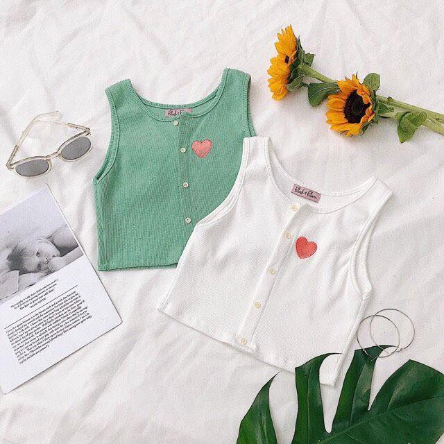 1121A26B1 Áo thun croptop sát nách đính nút in trái tim siêu đáng iu Hàn Quốc