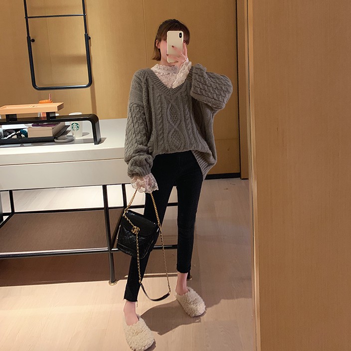 Xiaozhainv Áo kiểu tay dài cổ lọ phối ren hoa thời trang cho nữ | BigBuy360 - bigbuy360.vn