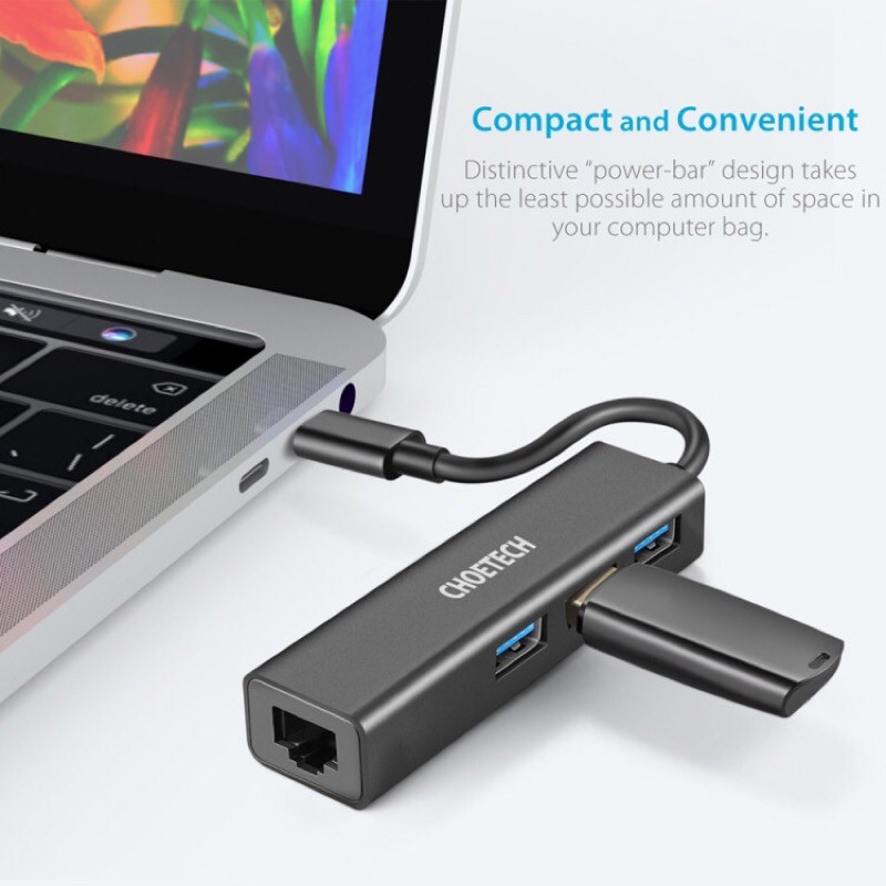 [CHOETECH]Hub Adapter chuyển đổi 4 in 1 Type-C ra 3 cổng USB 3.0&amp; cổng LAN RJ45 CHOETECH U02BK dùng cho MacB/Laptop