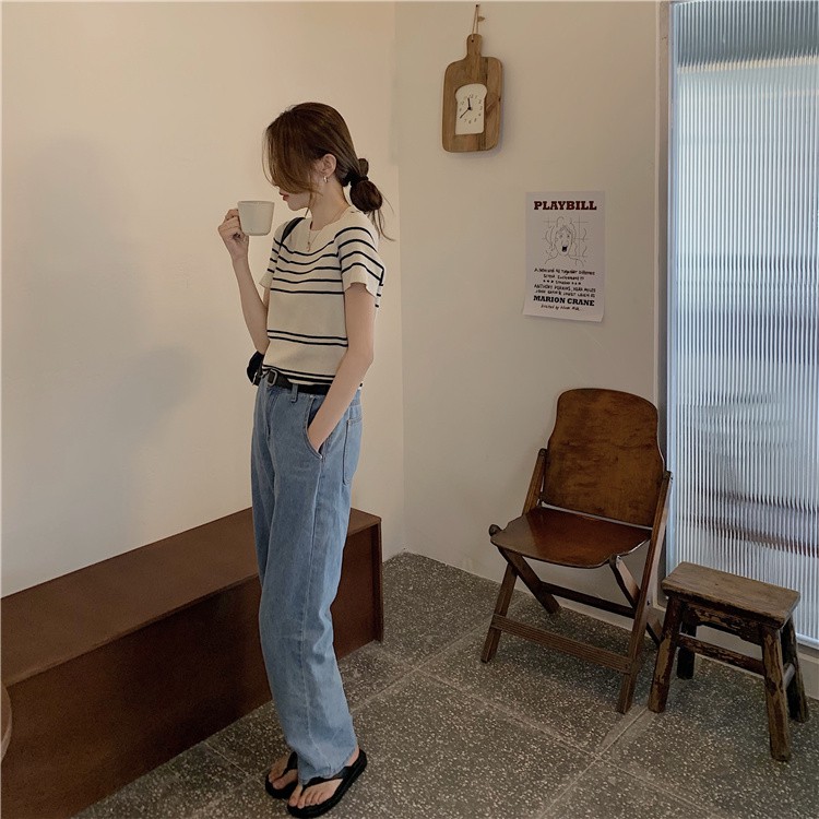 Xiaozhainv Áo Thun Dệt Kim Cổ Tròn Tay Ngắn Kẻ Sọc Kiểu Hàn Quốc 2 Màu Lựa Chọn Thời Trang Cho Nữ