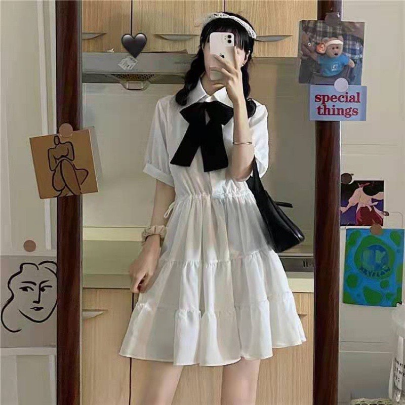 Váy Sơ Mi Nơ Cổ Dáng Xòe màu đen Trắng