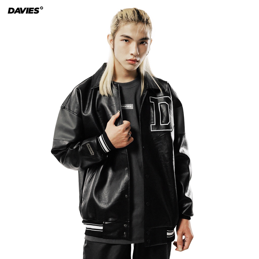 Áo khoác bóng chày da thêu logo Davies màu đen BMG Leather Varsity Jacket |D22-AK4