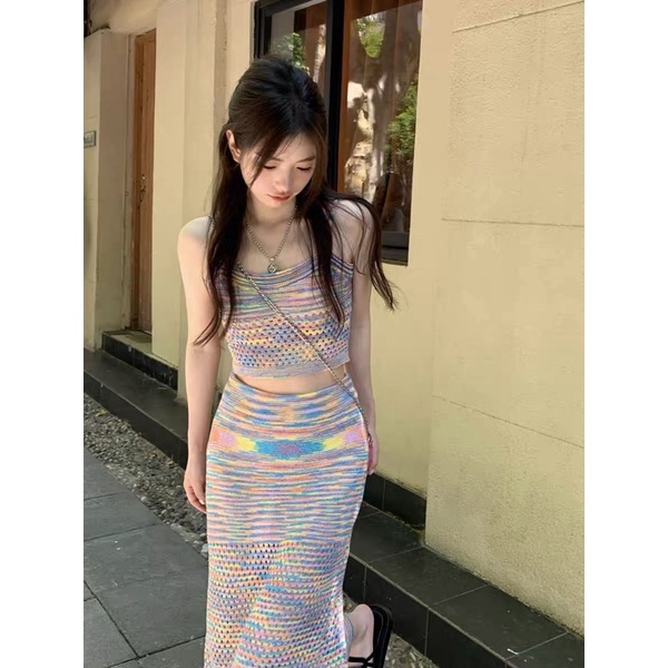 Set váy len hai dây loang mongtoghi áo dây croptop chân váy bút chì dáng dài