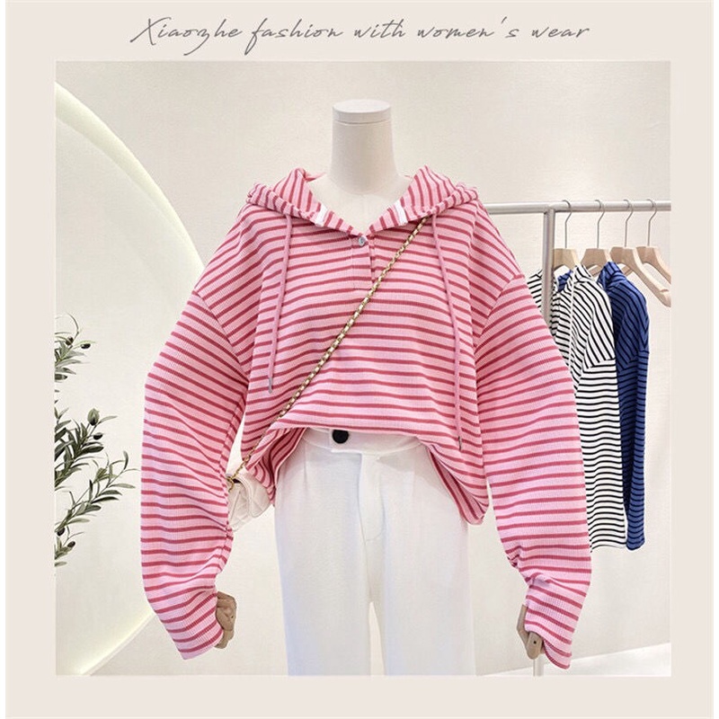 Áo Khoác Hoodie Dáng Rộng Họa Tiết Kẻ Sọc Phong Cách Preppy Thời Trang Xuân Thu Năm Mới Cho Nữ