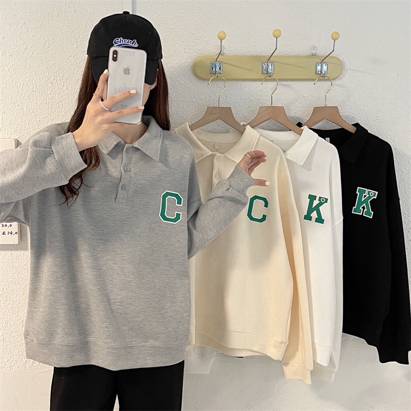 SUXI Áo sweater tay dài dáng rộng cổ bẻ phong cách Hàn Quốc trẻ trung năng động cho nữ