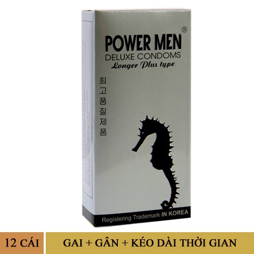 Bao cao su gai gân, siêu mỏng Powermen cá ngựa bạc kéo dài thời gian cực tốt hộp 12 cái