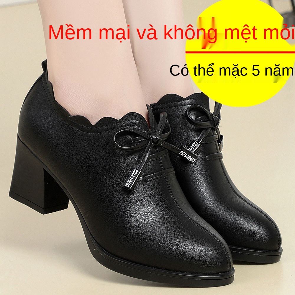 2022 mùa xuân và thu mới sâu miệng giày mẹ mềm đáy dày gót phụ nữ trung niên nơ thắt nút da