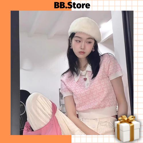 Áo Len Nữ Croptop Tay Ngắn, Áo Croptop Nữ Tay Ngắn Cổ Bẻ Mẫu Trái Tim Hồng Chất Len Tăm FreeSize < 58kg