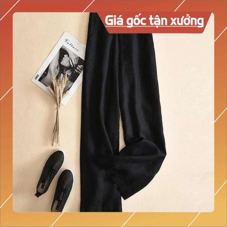 Quần ống rộng nữ vải đũi cạp cao 2 cúc suông dài tôn dán chun sau co dãn thoải mái