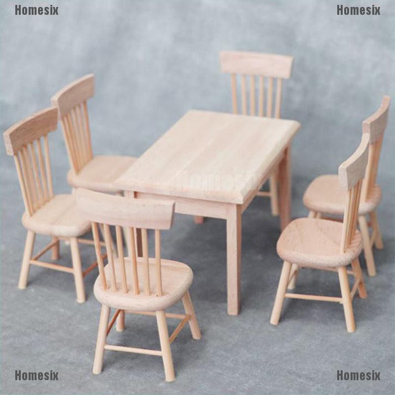 [HoMSI] 1:12 Dollhouse Miniature Furniture Wooden Dining Table with 6 Chair Model Set SUU