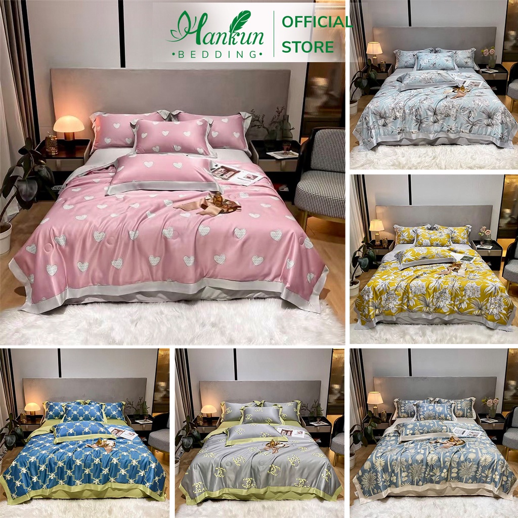Bộ 4 món chăn ga gối lụa thái tencel Hankun chần bông hè siêu mát loại 1