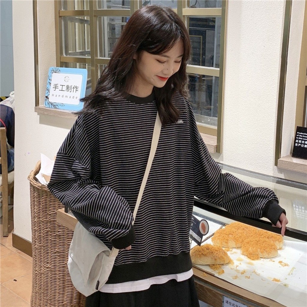 Áo nỉ kẻ pha viền phong cách vintage, áo kẻ dài tay Queenshop
