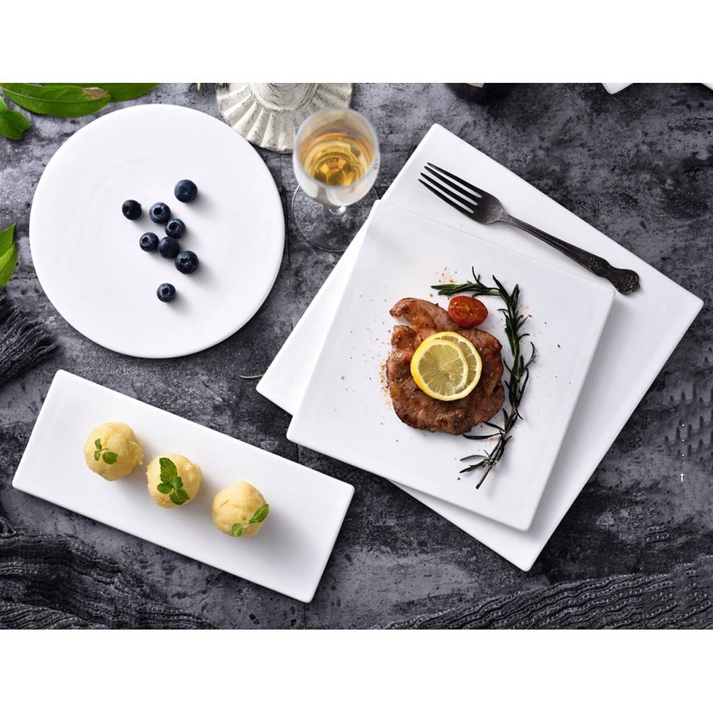 Đĩa sứ trắng tấm phẳng form vuông tròn chữ nhật bày salad, bit tết, brunch nhà hàng size 25cm và 20cm