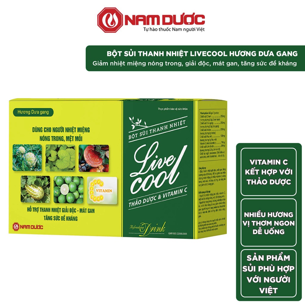 Bột sủi thanh nhiệt Livecool Nam Dược hương dưa gang 10 gói x7g hỗ trợ giảm nhiệt miệng nóng trong,giải độc,mát gan