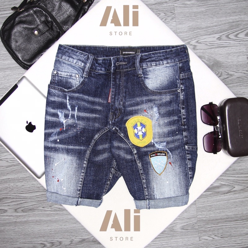 Quần jeans short DQS ,  Quần short  cao cấp co giãn 4 chiều thiêu logo