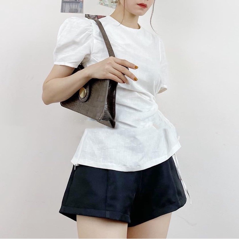 Calla - Áo sơ mi tay phồng đũi rút eo màu trơn thiết kế cao cấp (XK469)