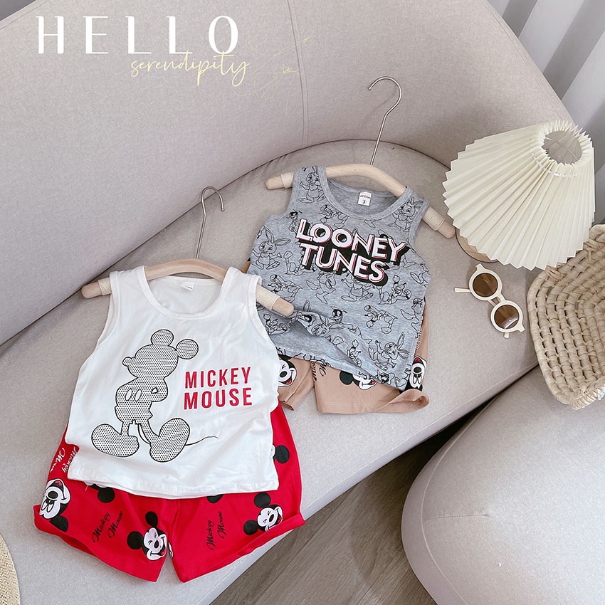 Bộ Quần Áo Trẻ Em 3 Lỗ In Hình Micky TUNES Vải Cotton Tàu Dễ Thương Cho Bé Từ 7-19kg Mã BL34