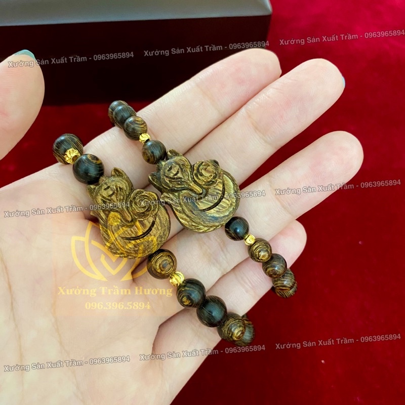Vòng Tay Trầm Hương Sánh Chìm mix Charm Hồ Ly ôm Sen- [HÀNG CAO CẤP] - Tặng Hộp - Vòng Tay Nam Nữ Phong Thuỷ May Mắn