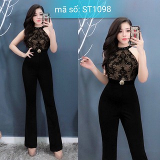 Jumpsuit đồ bay dài ống suông cổ yếm đính hột phối ren belt liền xinh xắn