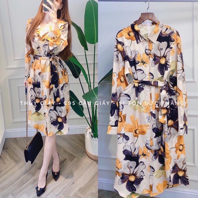 Váy sơ mi lụa tơ loang , hoa hot 2020