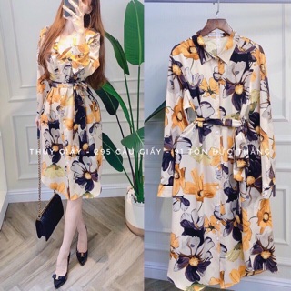 Váy sơ mi lụa tơ loang , hoa hot 2020