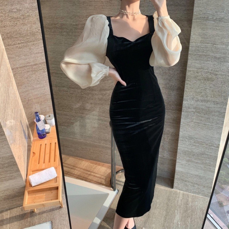 Đầm body nhung phối tay voan xoè