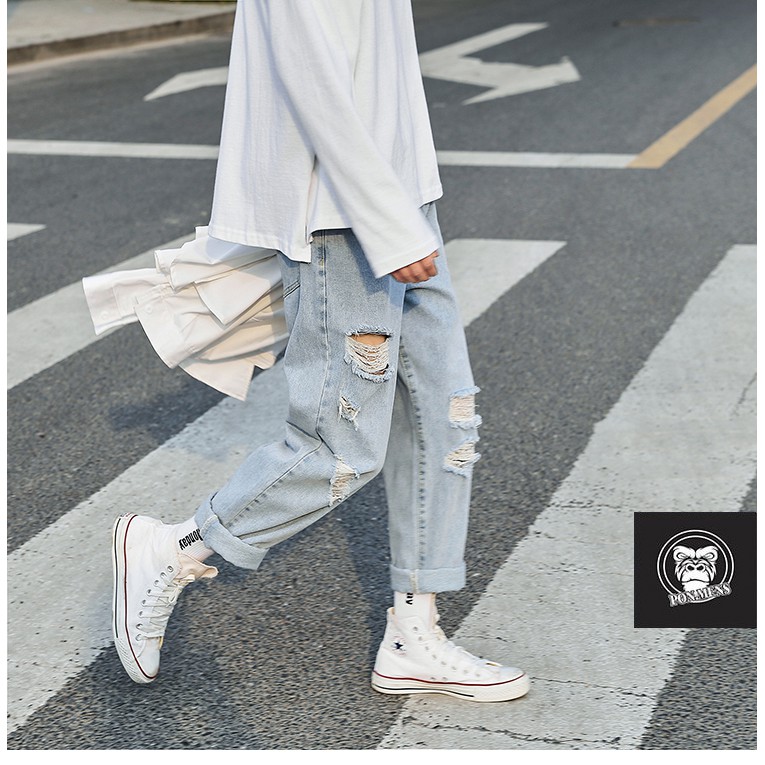 Quần baggy jean nam nữ ống rộng rách gối mới 2021 | BigBuy360 - bigbuy360.vn