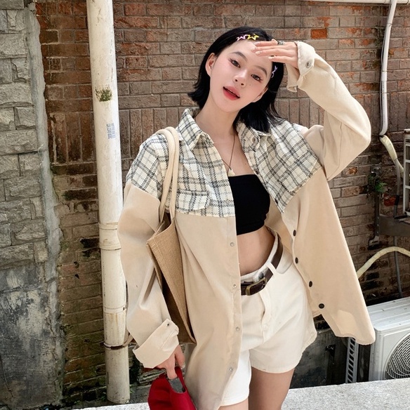 ZHELIHANGFEI Áo Khoác Nhung Kẻ Dài Tay Dáng Rộng Phong Cách Thời Trang Mỹ