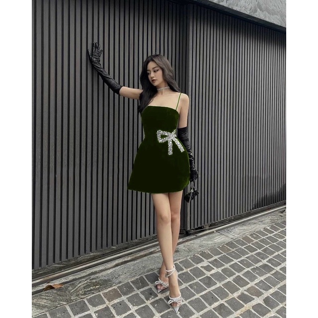 MS1257Y ĐẦM NHUNG 2 DÂY KẾT NƠ full size S/M/L/XL