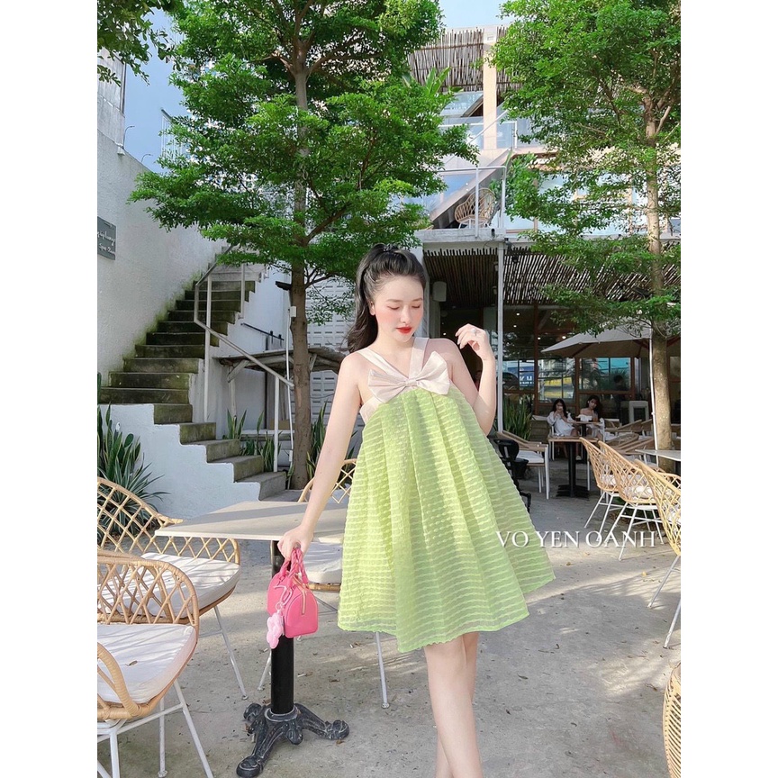 Sét Đũi Xốp Ô Vuông Nhỏ Dây Nơ Đen Váy Babydoll Ngắn Trên Gối, Chất Xốp Y Hình 100% Xinh Xắn