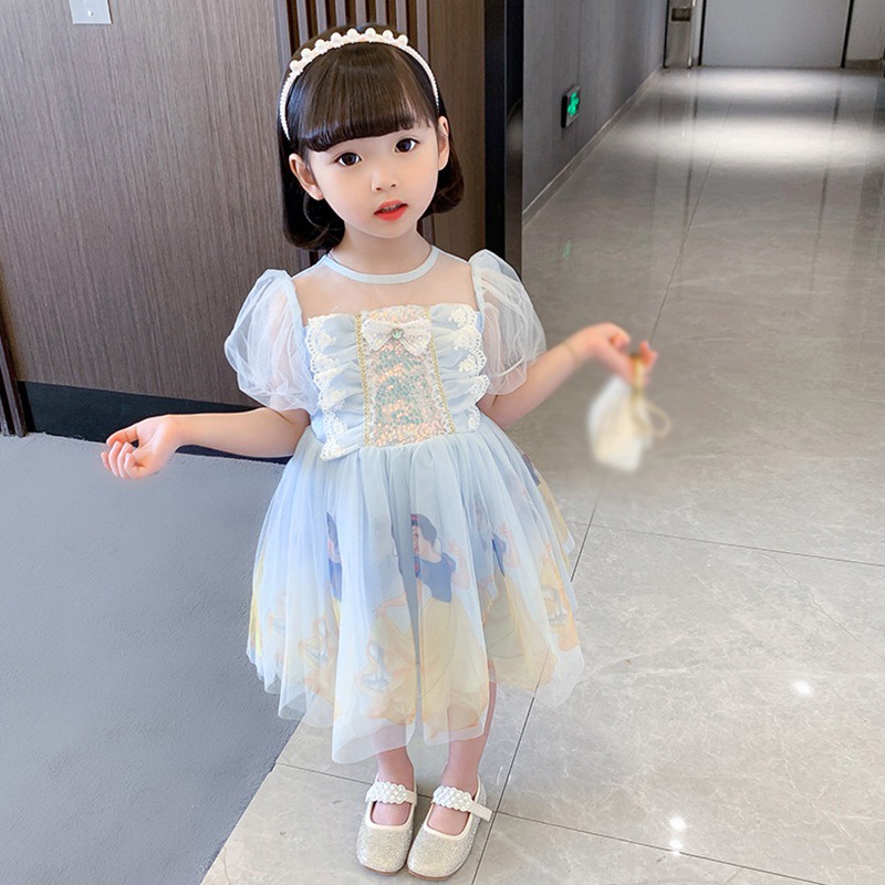 Đầm Công Chúa Tay Ngắn Phối Lưới Đính Nơ Thời Trang Mùa Hè Cho Bé Gái Se7en