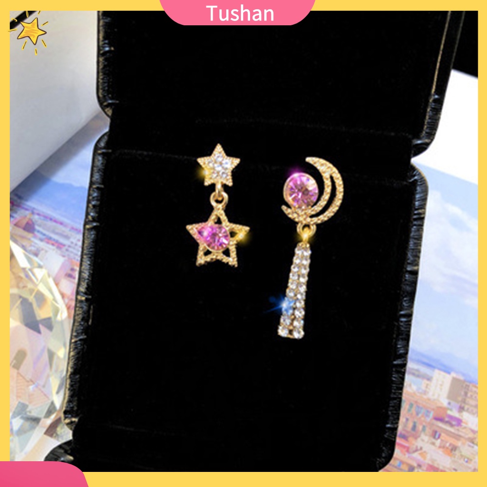 TUSH Women Rhinestone Moon Star Asymmetric Dangle Ear Stud Earrings Jewelry Gift